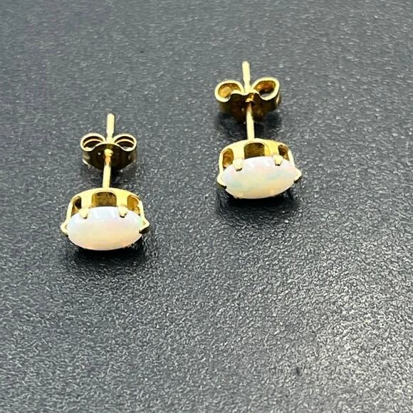Designer Yellow Gold 6 Prong Oval Opal Solitaire Cabochon Radiant Stud Earrings - Picture 2 of 11